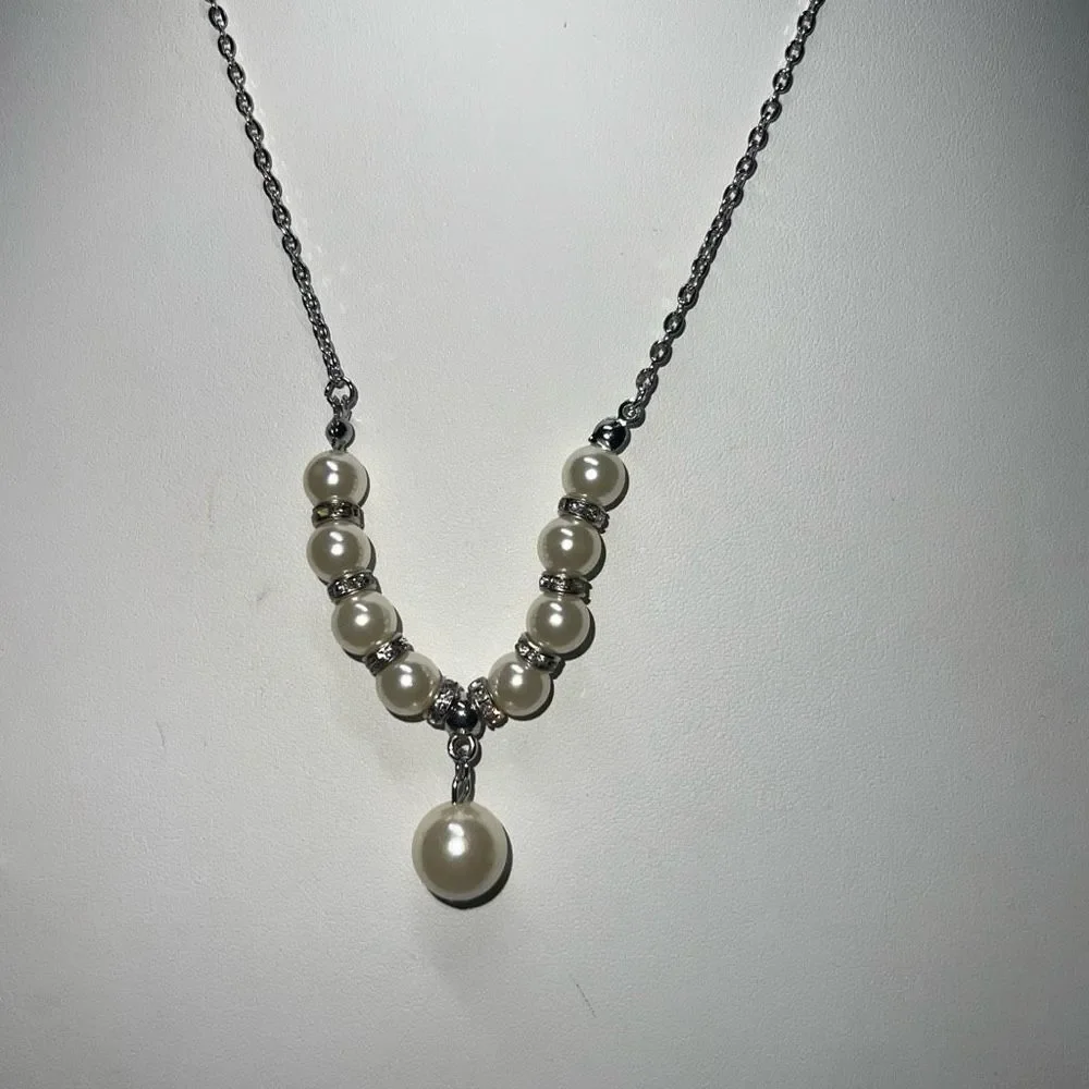 Silver Tone and Faux Pearl and Crystal Drop Necklace